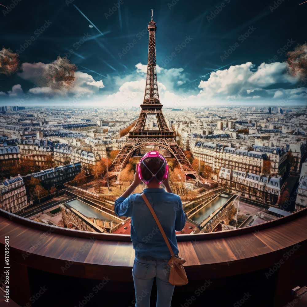 Fototapeta premium Boy looking at a view of Paris with the Eiffel Tower. Scenic view of an ideal Paris. Generated by artificial intelligence.