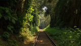 Green vanishing point, blurred motion on railroad track through forest generated by AI