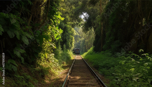 Green vanishing point, blurred motion on railroad track through forest generated by AI