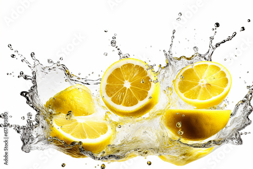 Lemon slices plus yellow liquid color splash on isolated white. Generative ai
