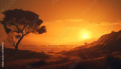 Silhouette of tree back lit by golden sunset over meadow generated by AI