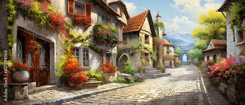 An oil painting background depicting a charming European village, with cobblestone streets, quaint houses, and colorful flower boxes. Wallpaper texture. Generative AI. 