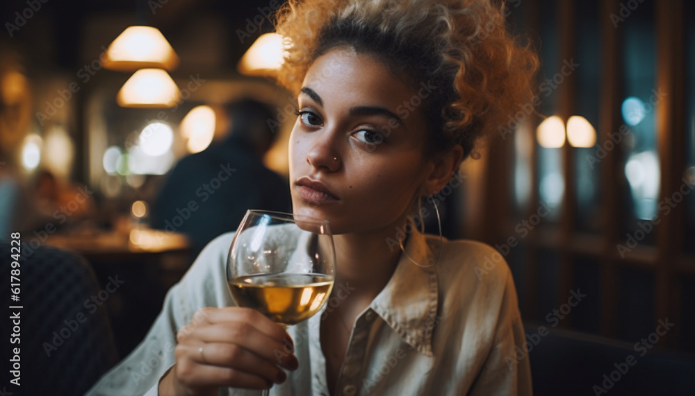 Young women drinking wine, smiling in casual bar atmosphere generated by AI Young women drinking wine, smiling in casual bar atmosphere generated by AI