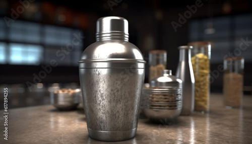 Shiny steel bottle holds refreshing cocktail in modern drink establishment generated by AI