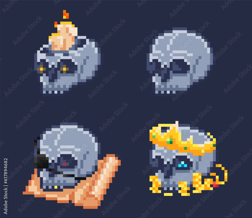 Pixel art skull icons for game. Pixel art skull icons for game.