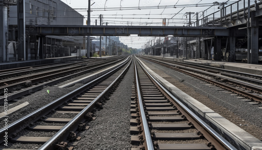 Steel tracks lead to vanishing point, a mode of transport generated by AI