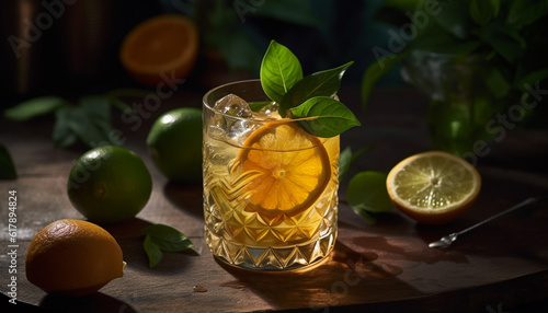Refreshing citrus cocktail on rustic table with mint leaf garnish generated by AI