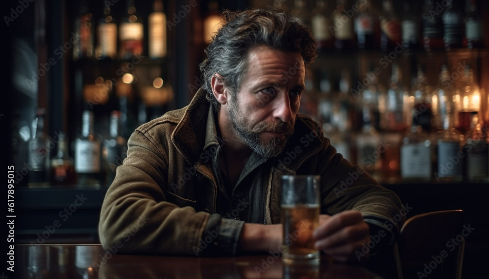 Lonely man drinking whiskey at bar counter in city nightclub generated by AI