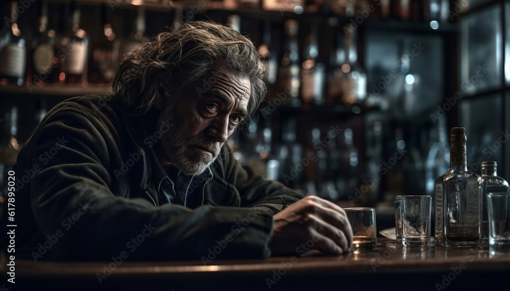 Senior man enjoys whiskey at bar, looking serious with solitude generated by AI Senior man enjoys whiskey at bar, looking serious with solitude generated by AI