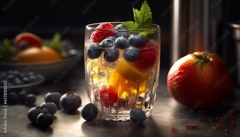 Organic berry cocktail with fresh blueberries and mint leaf garnish generated by AI Organic berry cocktail with fresh blueberries and mint leaf garnish generated by AI