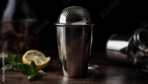 Fresh lemon cocktail on metal table with chrome equipment and wood background generated by AI