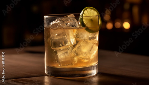 Refreshing cocktail with whiskey, ice, and citrus fruit slice generated by AI