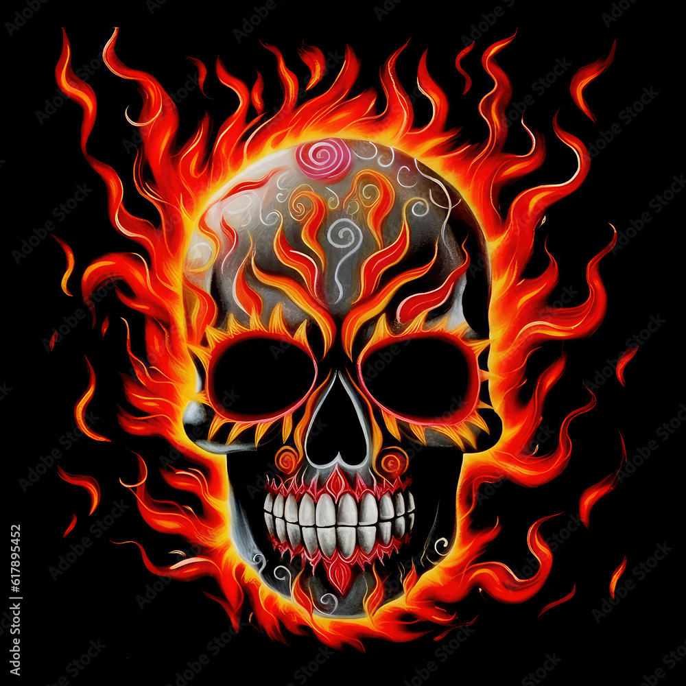 Painting of human skull on fire, isolated on a black background. Abstract illustration created with Generative AI technology. Painting of human skull on fire, isolated on a black background. Abstract illustration created with Generative AI technology.