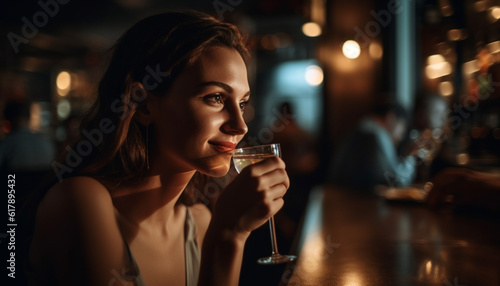 One young woman smiling, holding drink, enjoying nightlife at bar generated by AI