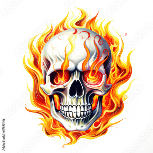 Painting of human skull on fire, isolated on a white background.  Abstract illustration created with Generative AI technology.
