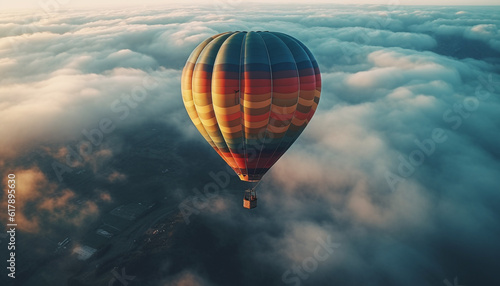 Multi colored hot air balloon gliding high up in the sky generated by AI