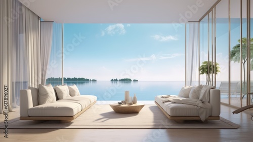 Luxury beach house.Sofa,armchair,stool,side table,lamps,curtains in living room with infinity edge swimming pool and sea view outside.Vacation home or holiday villa.3d rendering © Eli Berr