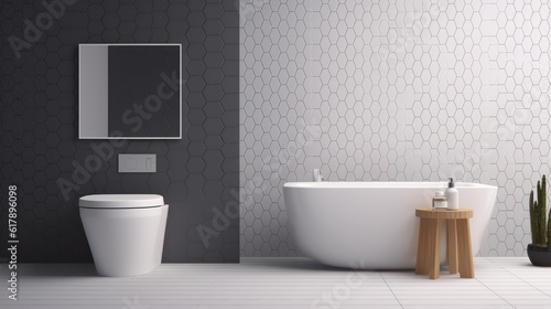 Minimalist toilets.Modern style design with hexagon tile.White bathtub and basin. 3d rendering
