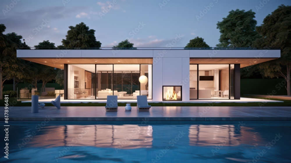 Fototapeta premium Modern house with swimming pool in modern design and night light.3d rendering