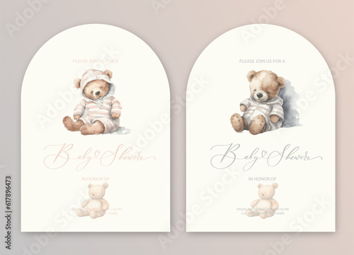 Cute baby shower watercolor invitation card for baby and kids new born celebration with plush teddy bear toys.