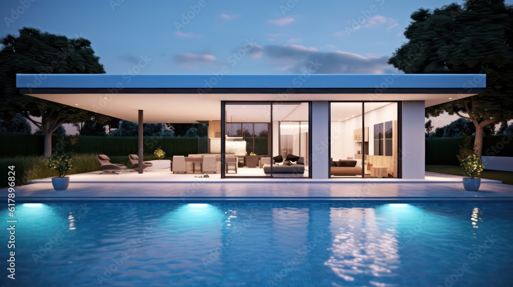 Fototapeta premium Modern house with swimming pool in modern design and night light.3d rendering