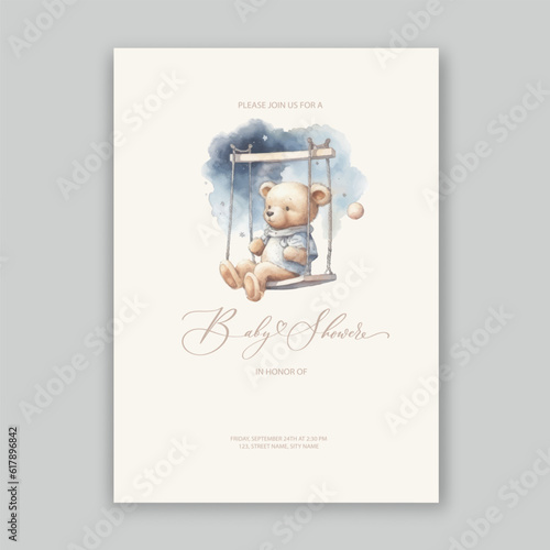 Cute baby shower watercolor invitation card for baby and kids new born celebration with plush teddy bear toys.