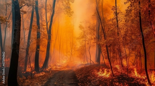 Fire in the forest, natural disaster. Wildfire at sunset, burning forest in smoke and flames