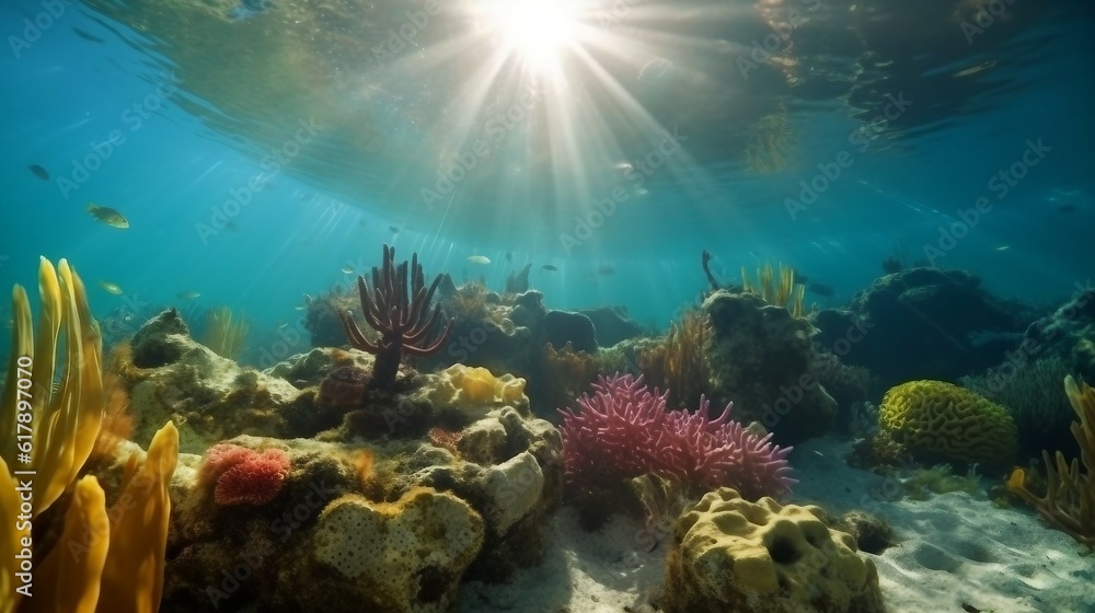 Obraz premium Scenic view of under water, sea bottom, with corals, sea weeds and fishes, ai generated