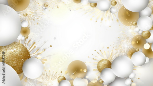 Christmas composition with baubles and christmas trees in white, silver and gold colors, ai generated