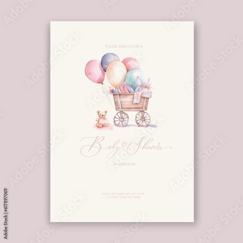 Cute baby shower watercolor invitation card for baby and kids new born celebration with toys and balloons.
