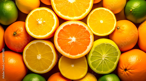Fresh ripe citrus oranges and limes on vivid organge background with space for text photo