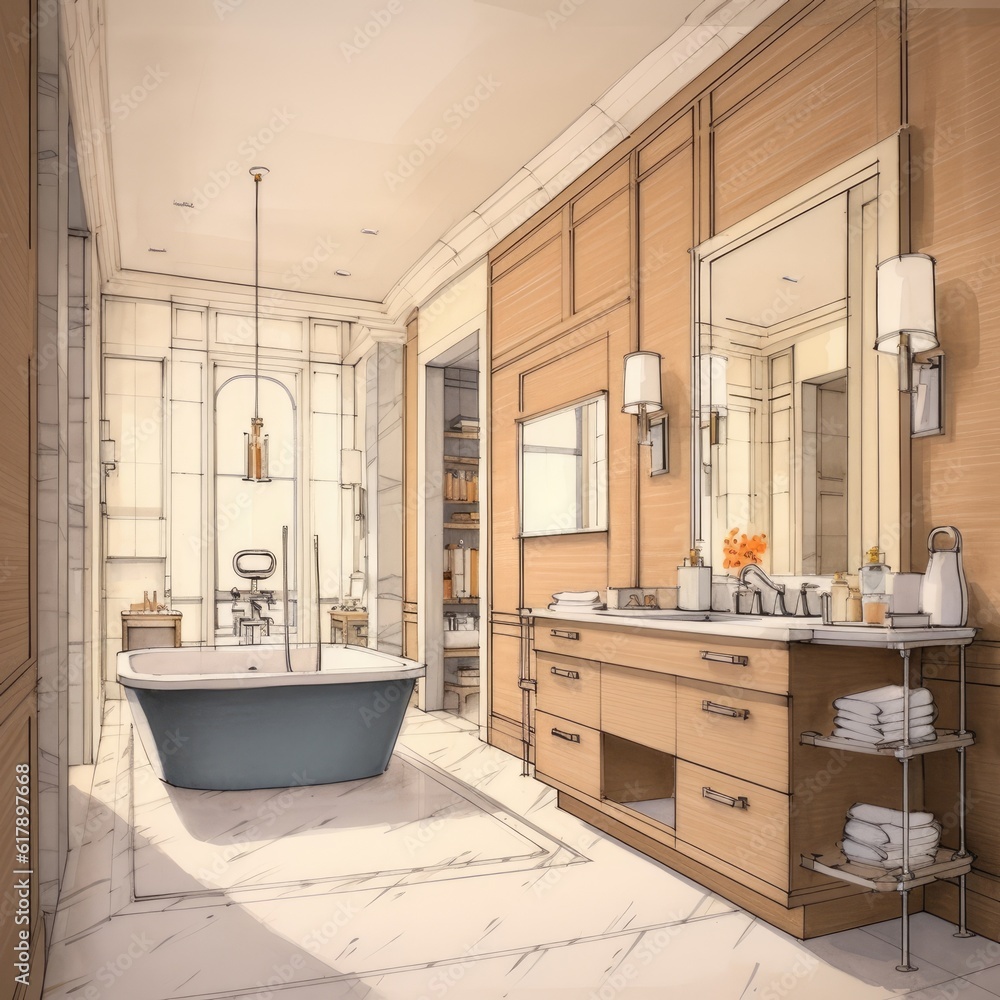 The bathroom has a high-end look with marble, fixtures, and tub. (Illustration, Generative AI) The bathroom has a high-end look with marble, fixtures, and tub. (Illustration, Generative AI)