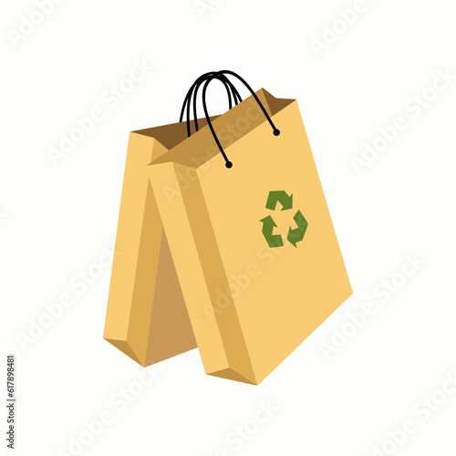 Paper shopping bag. Eco-friendly reusable and recyclable kraft bag, ecology sign. Recycling, zero waste, eco friendly concept. Eco-friendly cardboard packaging for shopping. Flat vector illustration.