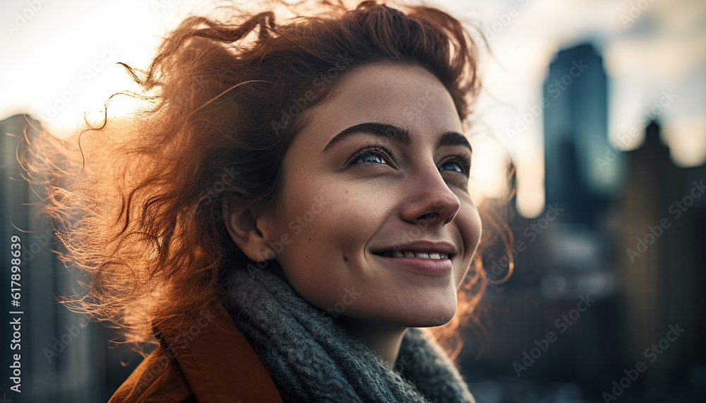 Obraz premium One young woman, smiling with toothy joy, enjoying nature beauty generated by AI