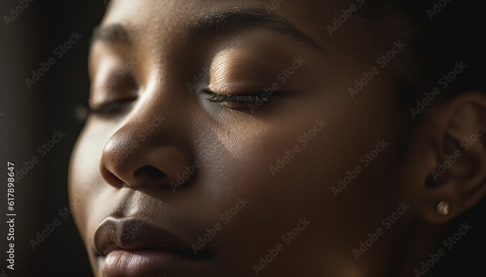 Beautiful young woman with closed eyes, serene and elegant generated by AI Beautiful young woman with closed eyes, serene and elegant generated by AI