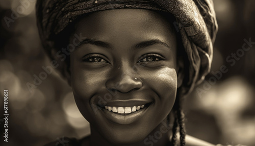 Young African woman smiling confidently in a summer outdoor portrait generated by AI