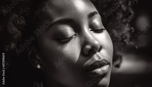 Beautiful young African woman with curly hair, eyes closed, sensuality generated by AI