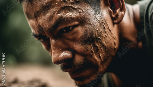 Serious determination on the face of a wet, muddy man generated by AI