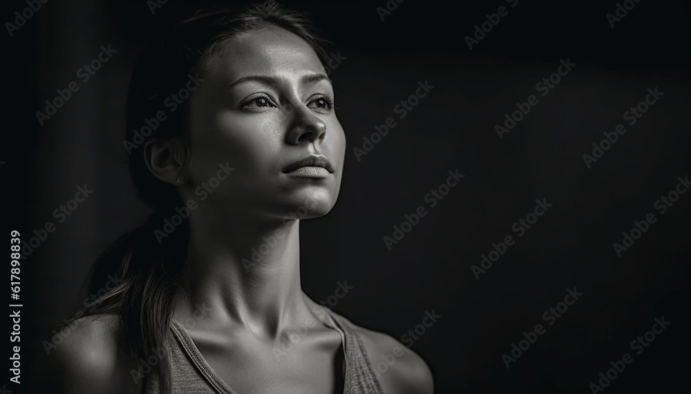 Beautiful young woman exudes sensuality in black and white portrait generated by AI