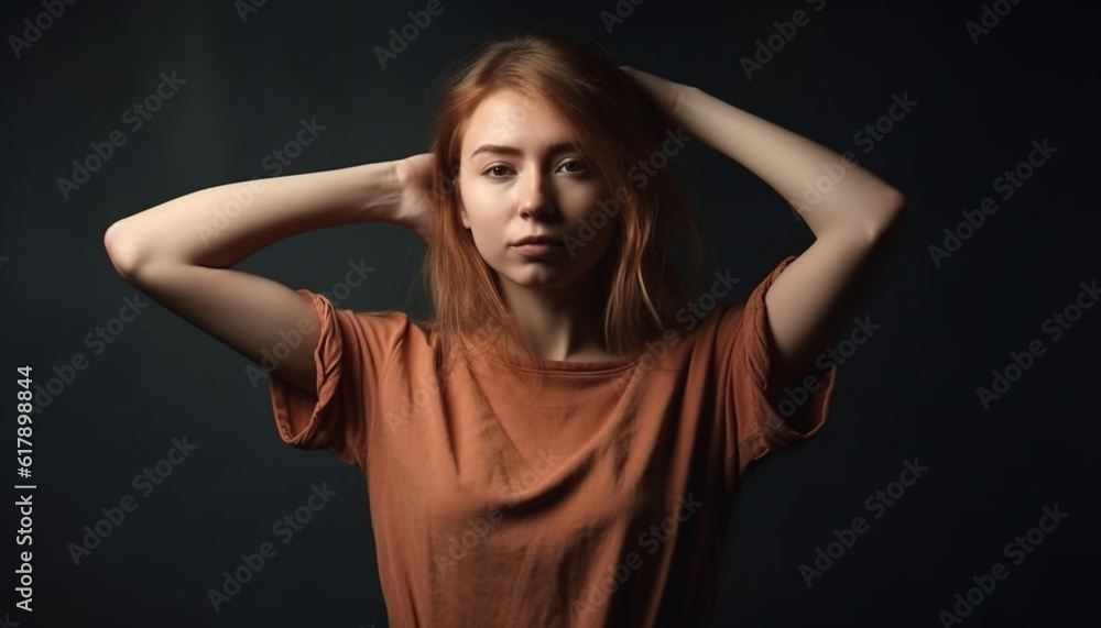 Beautiful young woman exudes confidence despite emotional stress and frustration generated by AI Beautiful young woman exudes confidence despite emotional stress and frustration generated by AI