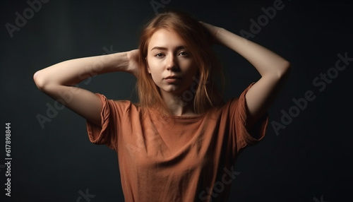 Beautiful young woman exudes confidence despite emotional stress and frustration generated by AI