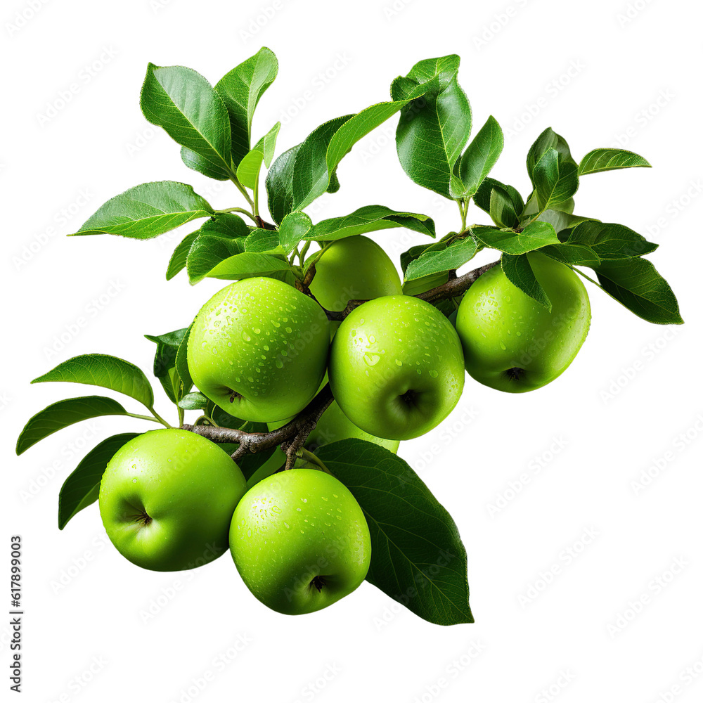 Apple tree branch with green apples and leaves