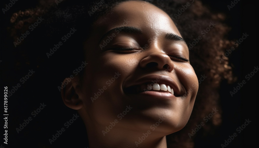 Beautiful young African woman smiling with eyes closed in close up portrait generated by AI