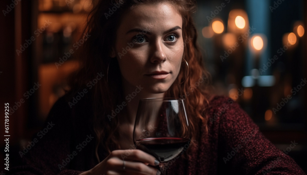 One young woman drinking wine, enjoying nightlife and relaxation generated by AI One young woman drinking wine, enjoying nightlife and relaxation generated by AI