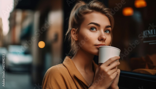 One beautiful young woman enjoying a hot coffee break indoors generated by AI