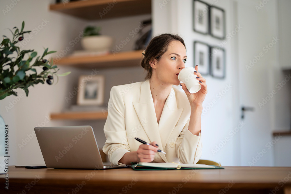 Smiling young woman sitting at home and using laptop for work Smiling young woman sitting at home and using laptop for work