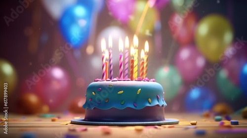 Birthday cake with colorful candles. Generative AI. Illustration for banner, poster, cover, brochure or presentation.