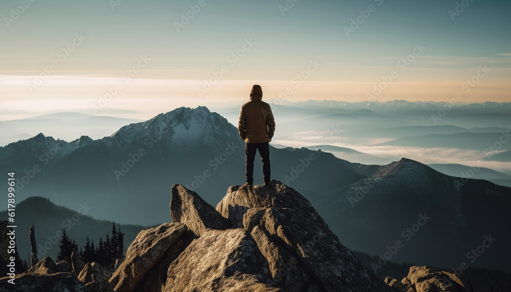 Standing on mountain peak, silhouette of one person, back lit generated by AI