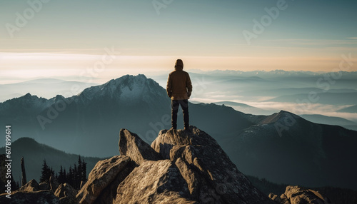 Standing on mountain peak  silhouette of one person  back lit generated by AI