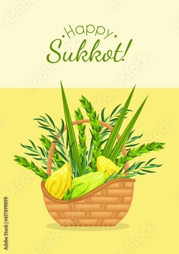 Happy Sukkot greeting card. Wicker basket with traditional symbols of the Judaic festival - etrog, lulav, hadas, arava. Feast of Tabernacles or Festival of Ingathering. Jewish religious holiday